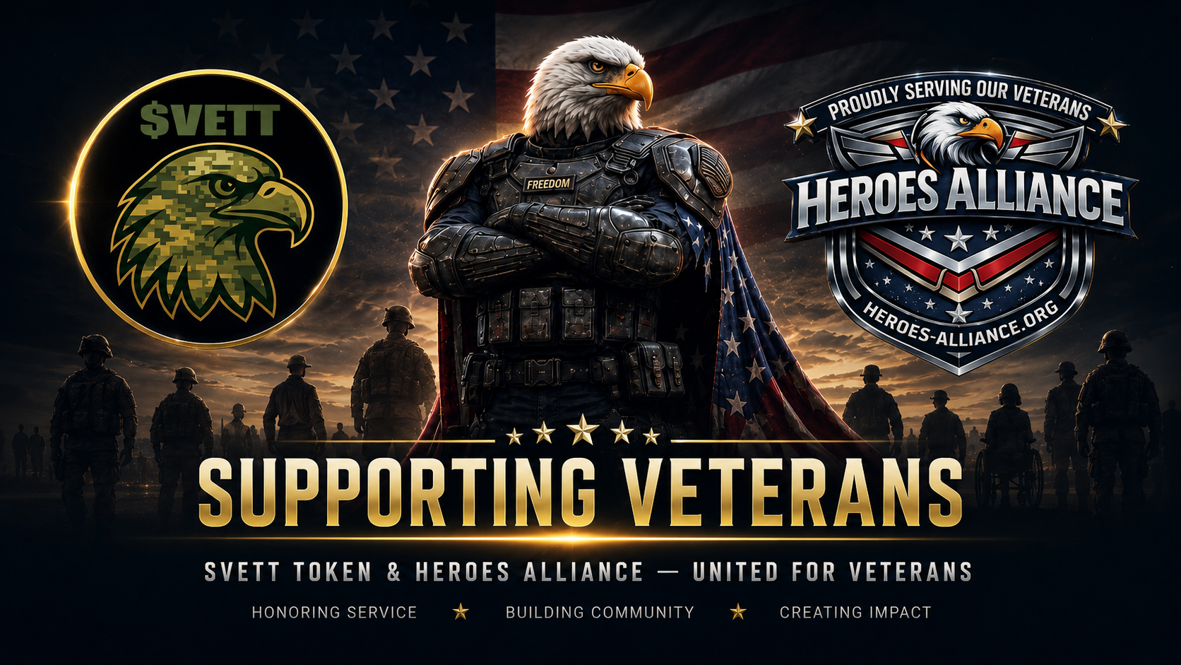 Supporting Veterans — $VETT token and Heroes Alliance united for veterans, with an eagle warrior before the American flag